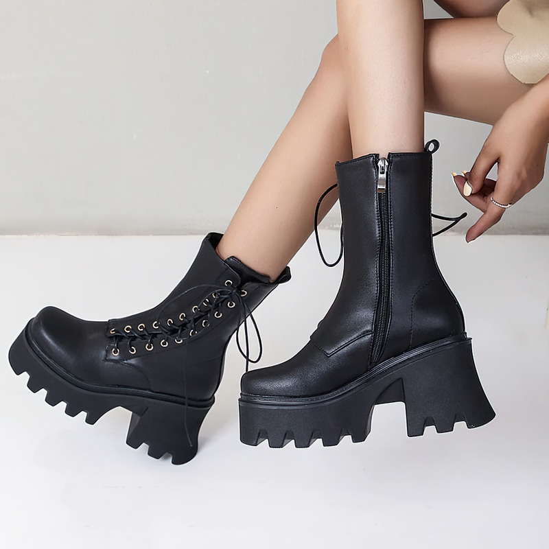 PU Leather Women's Boots with Lace Up in Side / Fashion Ankle Black Shoes