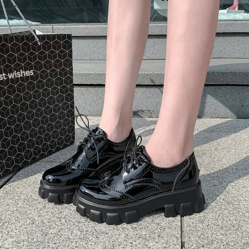 PU Patent Leather Platform Women's Shoes with Square Heel And Round Toe
