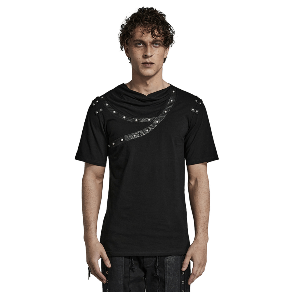 Punk Asymmetric Cracked Leather T-Shirt with Rivets
