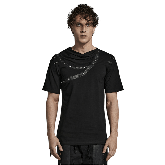 Punk Asymmetric Cracked Leather T-Shirt with Rivets