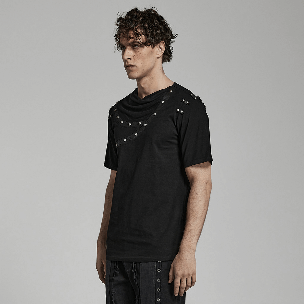 Punk Asymmetric Cracked Leather T-Shirt with Rivets
