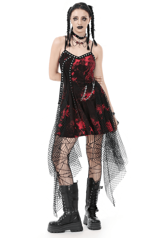 Punk Asymmetrical Dress with Studded Chain and Fishnet