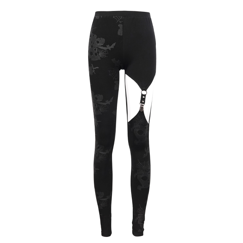 Punk Asymmetrical Stretch Trousers with Print for Lady / Fashion Women‘s Black Leggings
