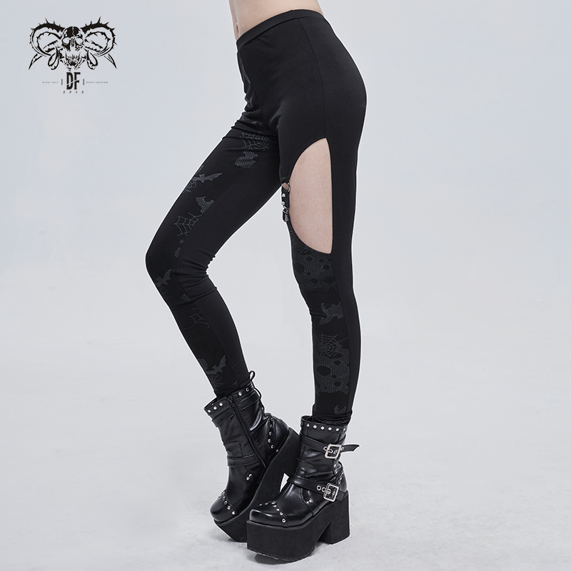 Punk Asymmetrical Stretch Trousers with Print for Lady / Fashion Women‘s Black Leggings