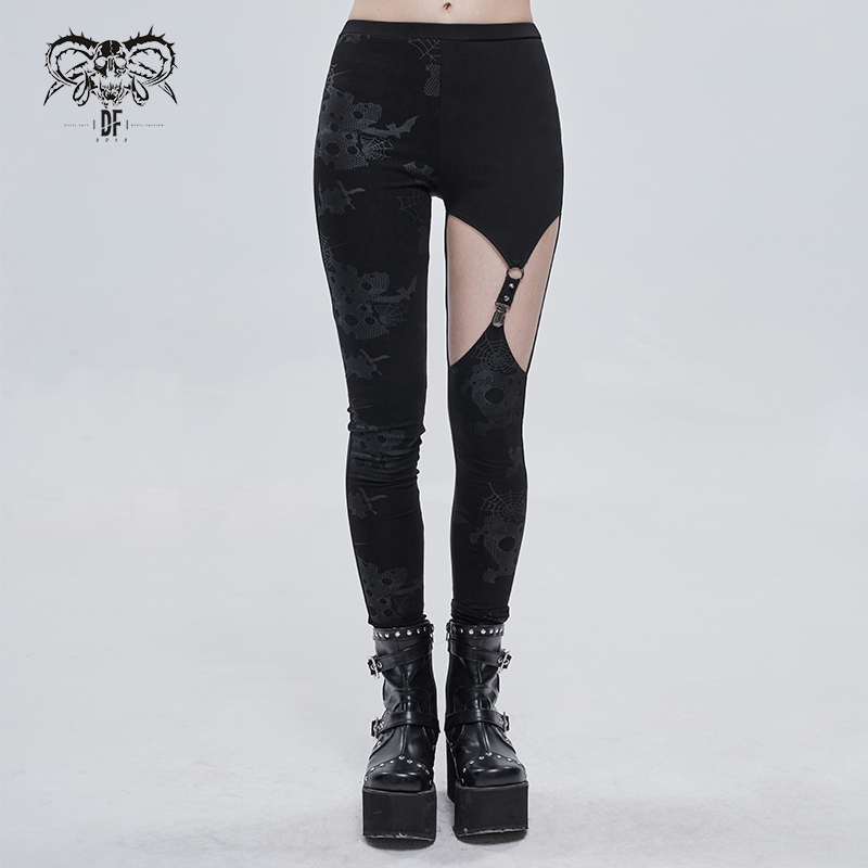 Punk Asymmetrical Stretch Trousers with Print for Lady / Fashion Women‘s Black Leggings
