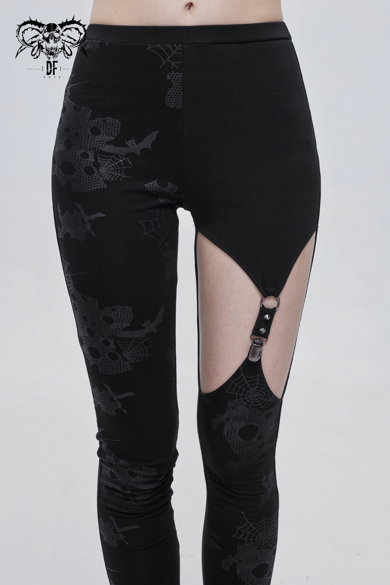Punk Asymmetrical Stretch Trousers with Print for Lady / Fashion Women‘s Black Leggings