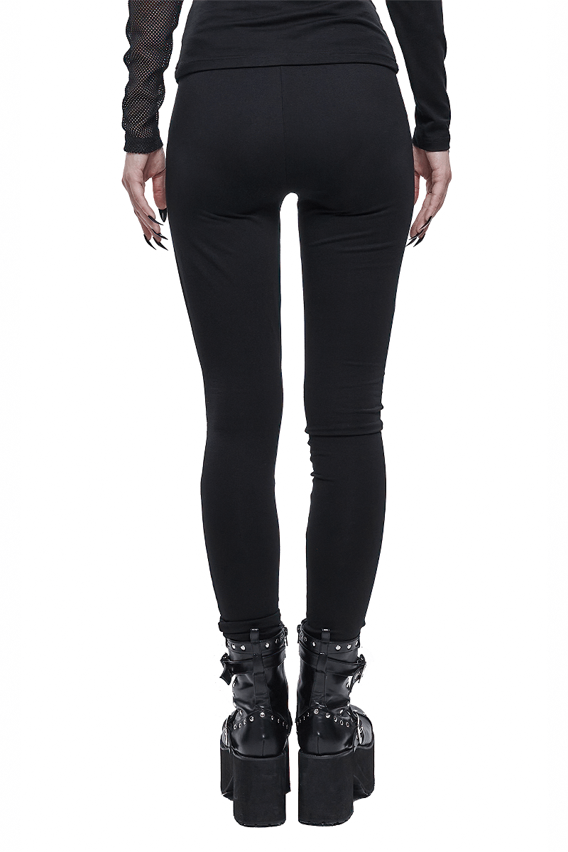 Punk Asymmetrical Stretch Trousers with Print for Lady / Fashion Women‘s Black Leggings