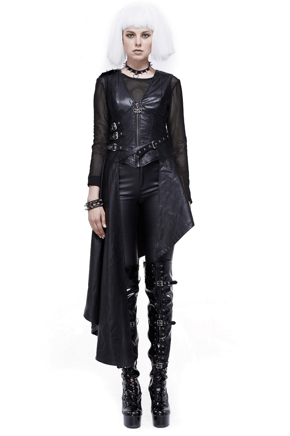 Punk Asymmetrically Dress with Spiked Rivets / Women's Imitation Leather Dress with Zipper