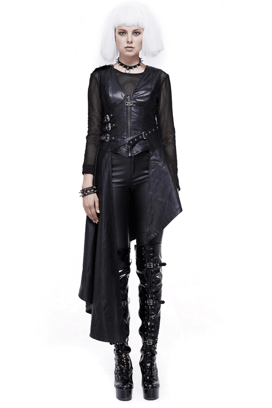 Punk Asymmetrically Dress with Spiked Rivets / Women's Imitation Leather Dress with Zipper