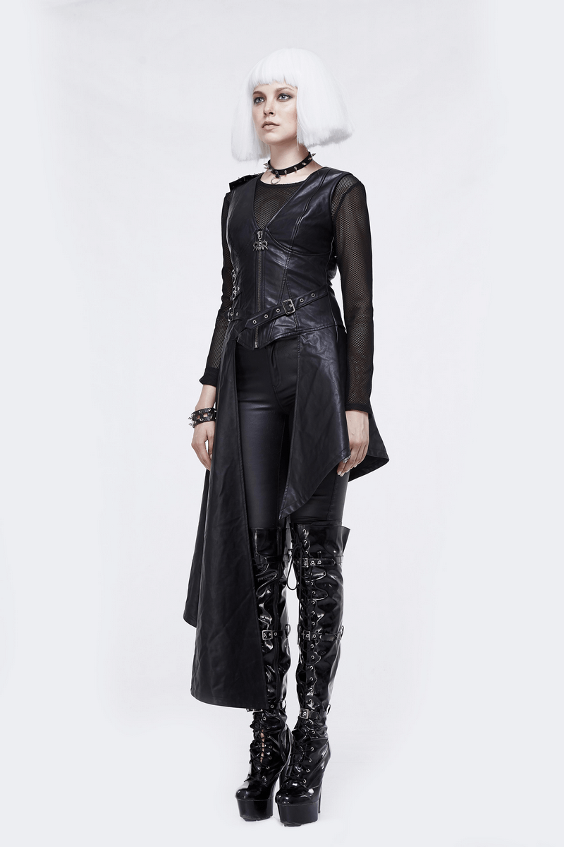 Punk Asymmetrically Dress with Spiked Rivets / Women's Imitation Leather Dress with Zipper