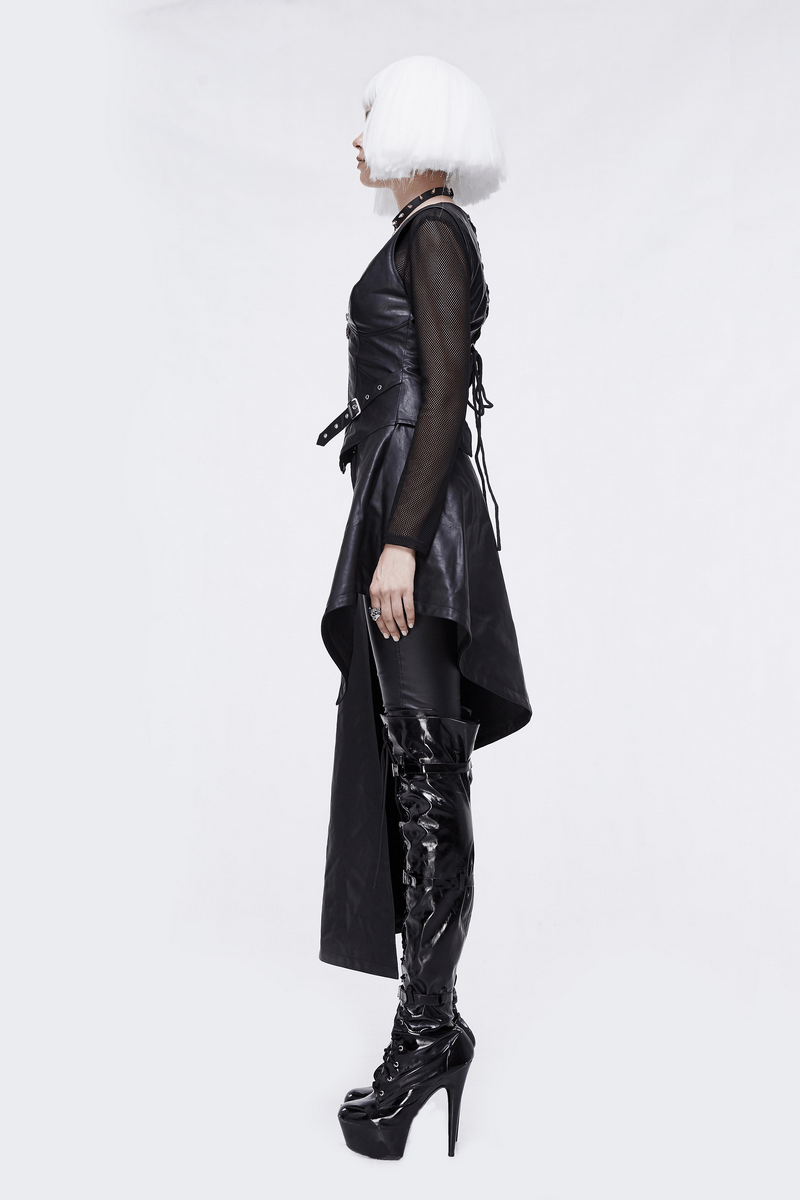 Punk Asymmetrically Dress with Spiked Rivets / Women's Imitation Leather Dress with Zipper