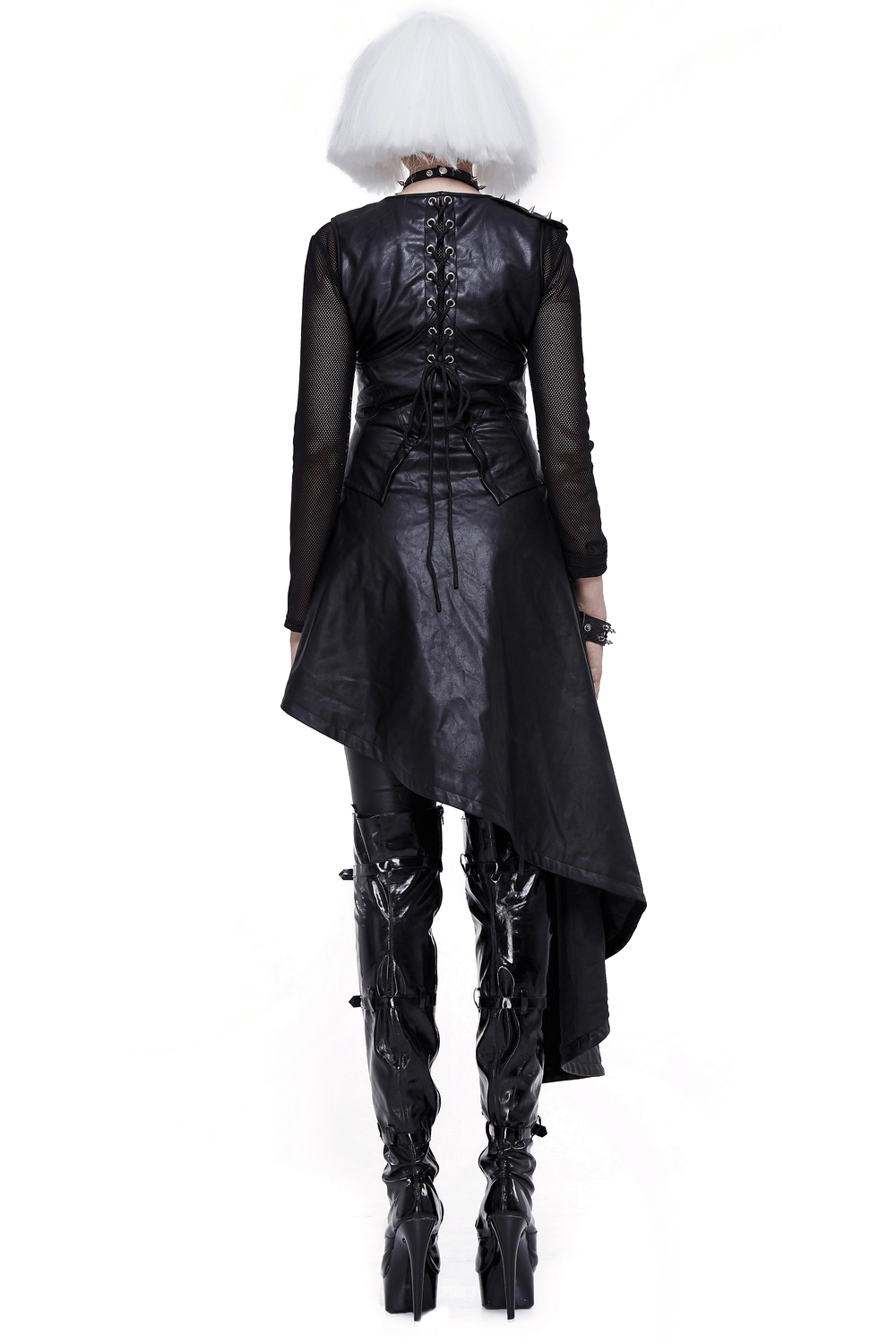 Punk Asymmetrically Dress with Spiked Rivets / Women's Imitation Leather Dress with Zipper