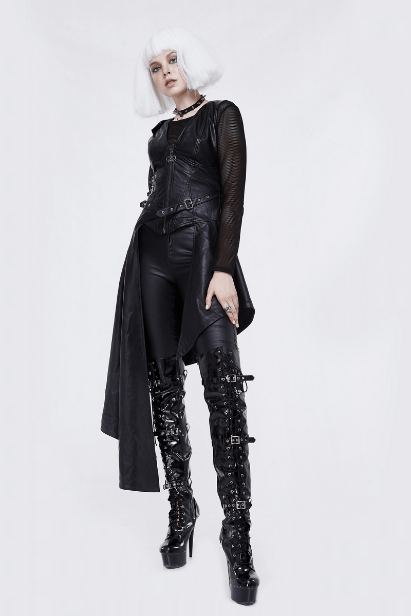 Punk Asymmetrically Dress with Spiked Rivets / Women's Imitation Leather Dress with Zipper