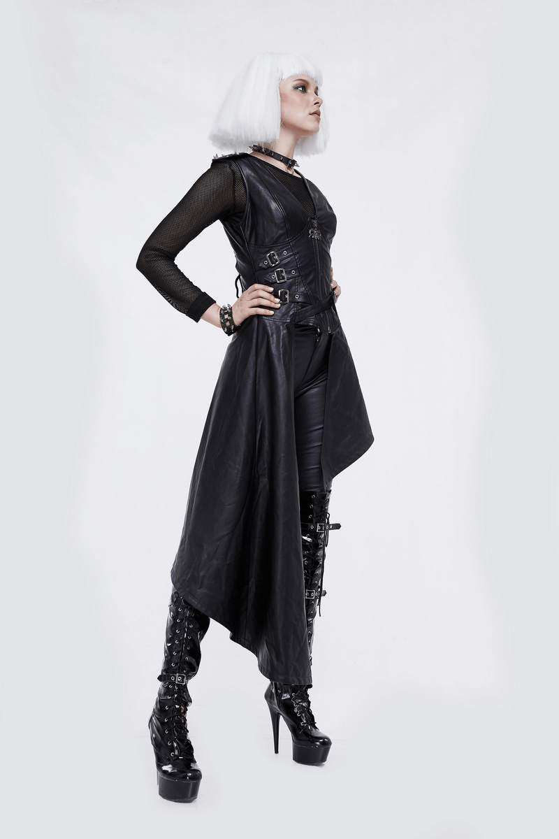 Punk Asymmetrically Dress with Spiked Rivets / Women's Imitation Leather Dress with Zipper