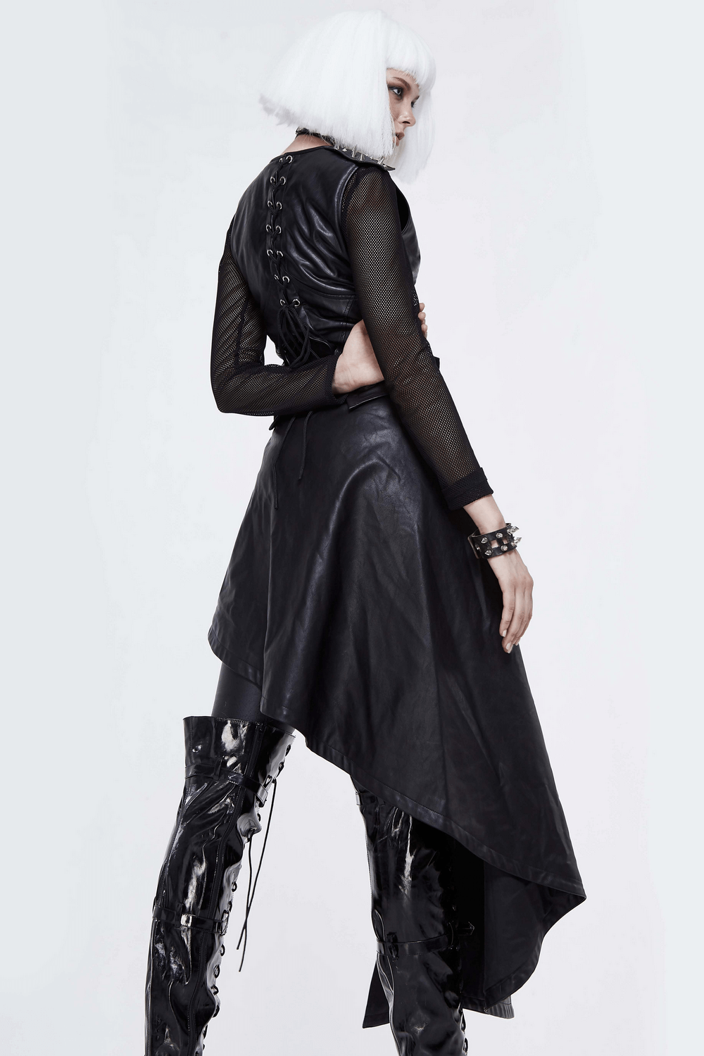 Punk Asymmetrically Dress with Spiked Rivets / Women's Imitation Leather Dress with Zipper