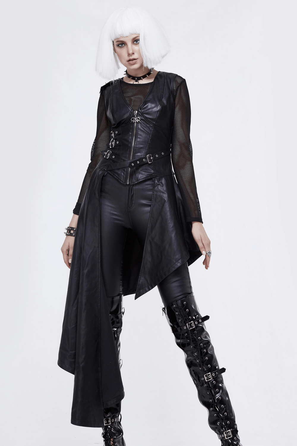 Punk Asymmetrically Dress with Spiked Rivets / Women's Imitation Leather Dress with Zipper