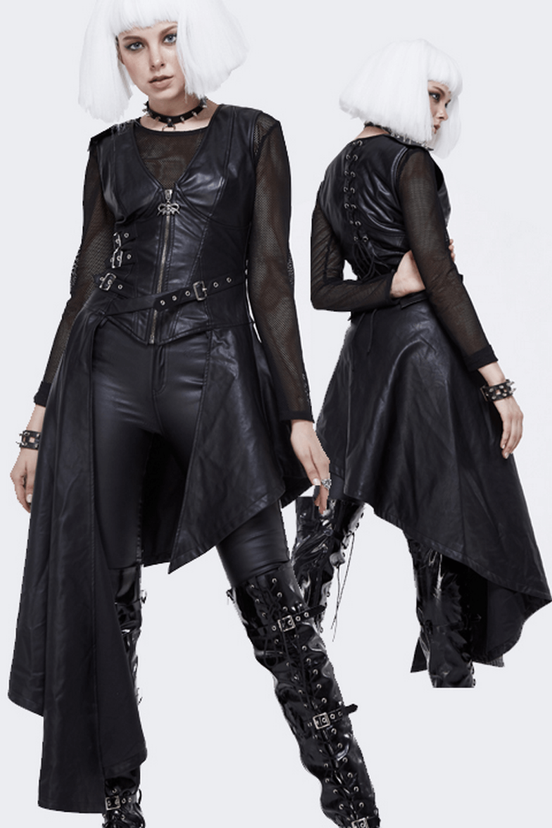 Punk Asymmetrically Dress with Spiked Rivets / Women's Imitation Leather Dress with Zipper