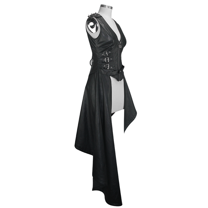 Punk Asymmetrically Dress with Spiked Rivets / Women's Imitation Leather Dress with Zipper