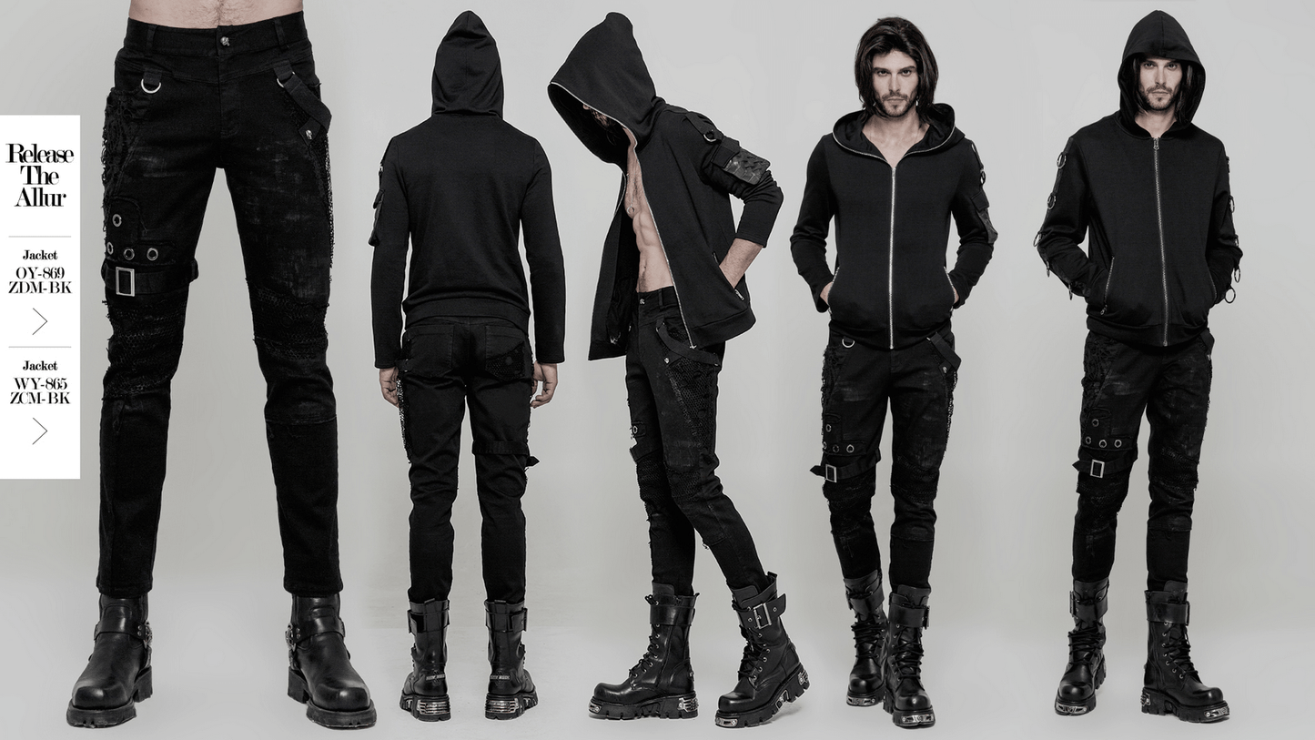 Punk Black Destroyed Jeans with Lace and Buckle