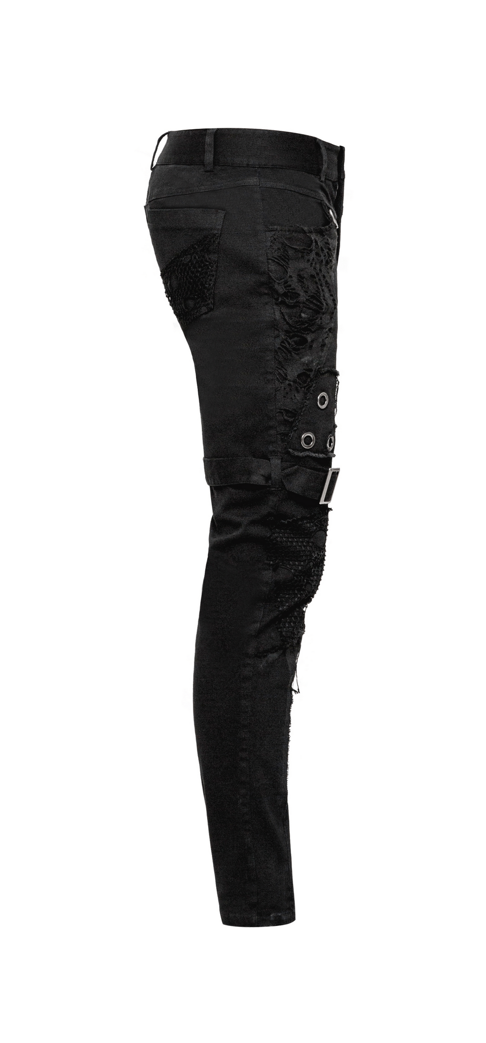Punk Black Destroyed Jeans with Lace and Buckle