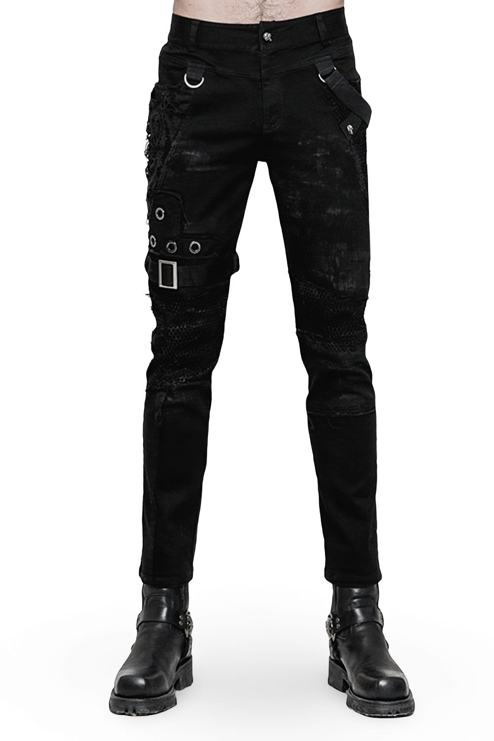 Punk Black Destroyed Jeans with Lace and Buckle