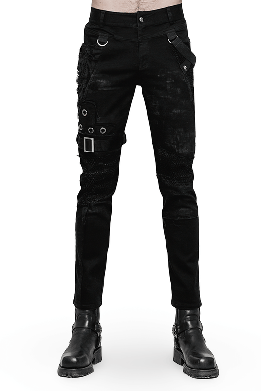Punk Black Destroyed Jeans with Lace and Buckle