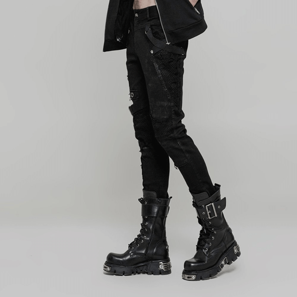Punk Black Destroyed Jeans with Lace and Buckle