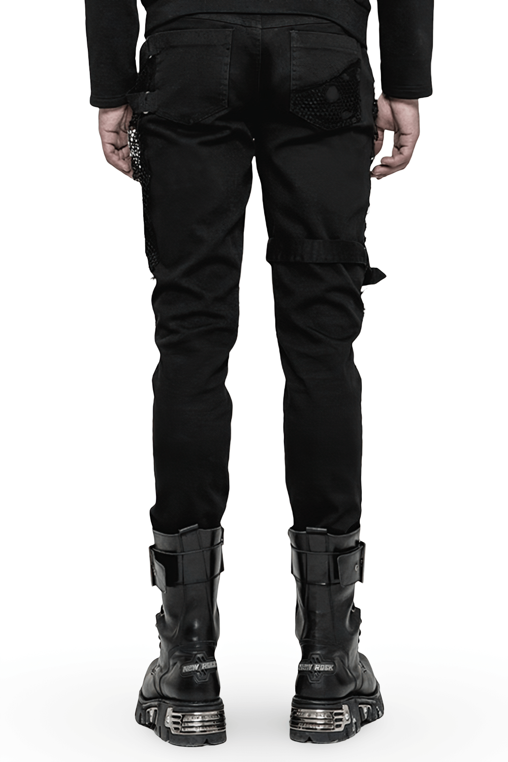 Punk Black Destroyed Jeans with Lace and Buckle