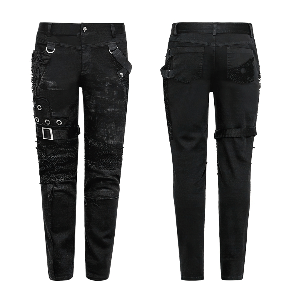 Punk Black Destroyed Jeans with Lace and Buckle