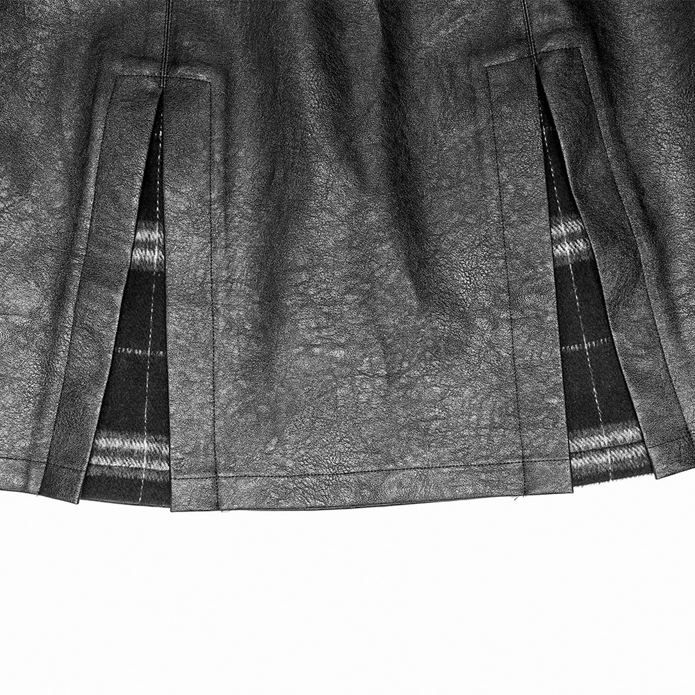 Punk Black Faux Leather A-Line Mini Skirt with Plaid Insert