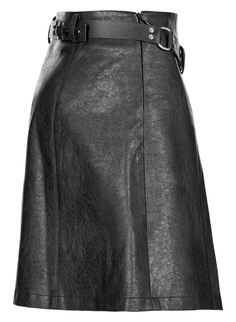 Punk Black Faux Leather A-Line Mini Skirt with Plaid Insert