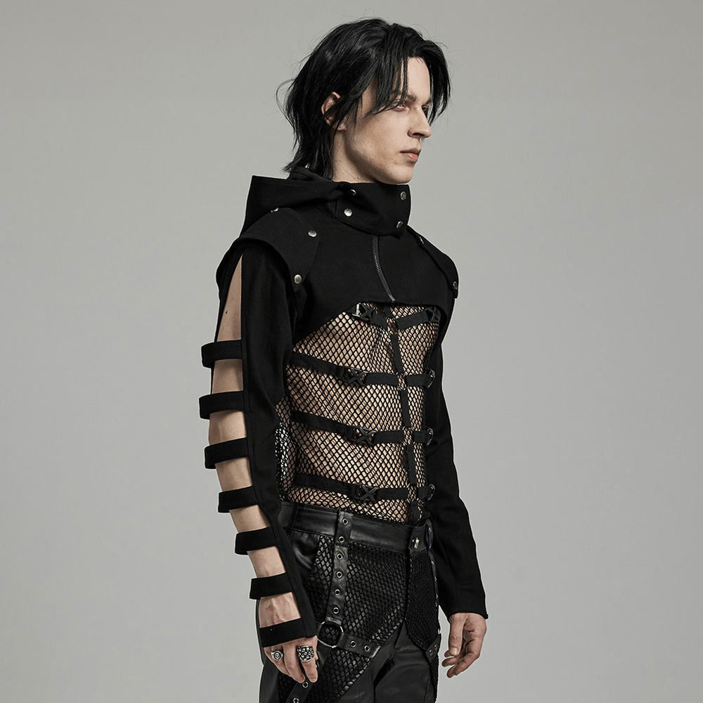 Punk Black Hooded Short Jacket With Hollow Sleeves
