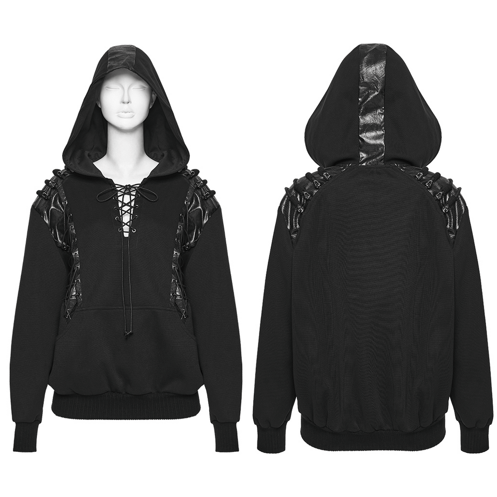 Punk Black Lace-Up Hoodie with Leather Shoulder Details