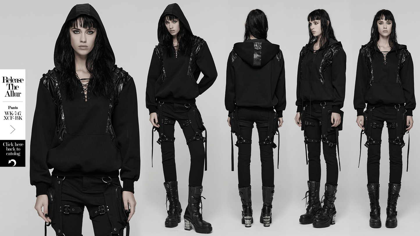 Punk Black Lace-Up Hoodie with Leather Shoulder Details