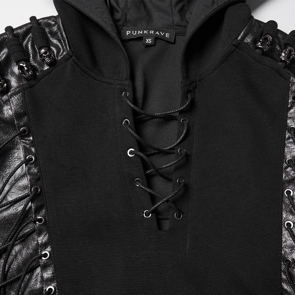 Punk Black Lace-Up Hoodie with Leather Shoulder Details