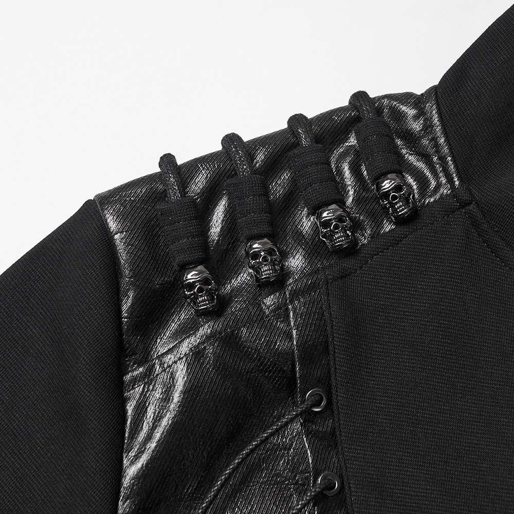 Punk Black Lace-Up Hoodie with Leather Shoulder Details
