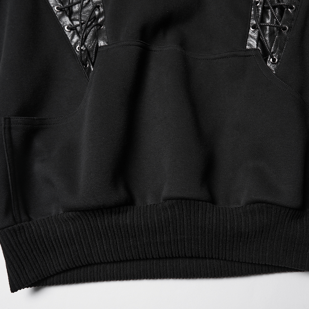 Punk Black Lace-Up Hoodie with Leather Shoulder Details