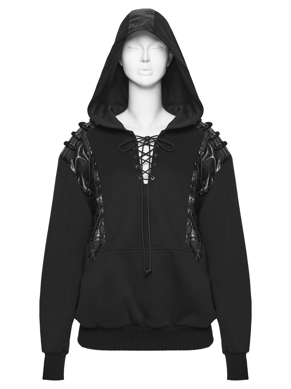 Punk Black Lace-Up Hoodie with Leather Shoulder Details