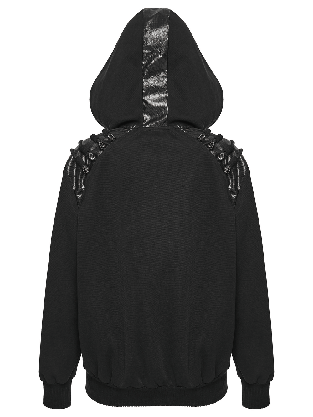 Punk Black Lace-Up Hoodie with Leather Shoulder Details