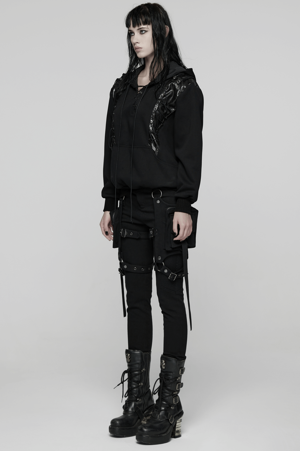 Punk Black Lace-Up Hoodie with Leather Shoulder Details