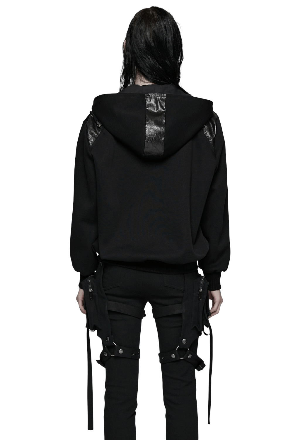 Punk Black Lace-Up Hoodie with Leather Shoulder Details