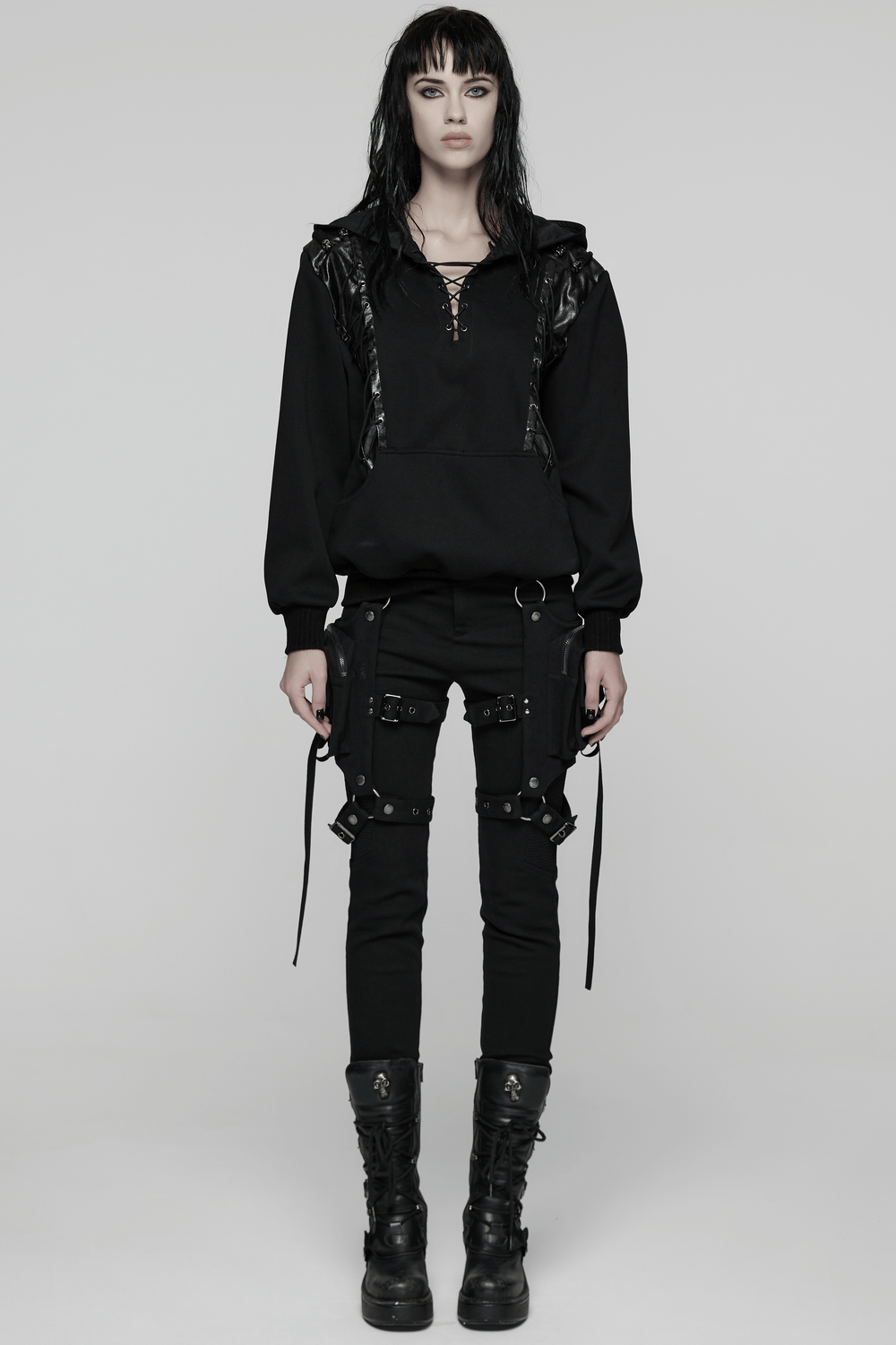 Punk Black Lace-Up Hoodie with Leather Shoulder Details
