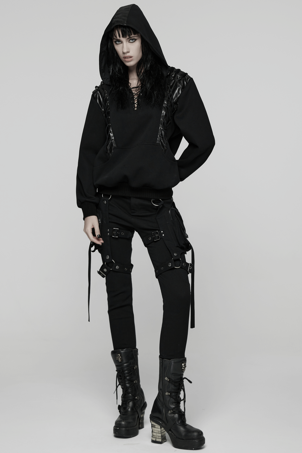 Punk Black Lace-Up Hoodie with Leather Shoulder Details
