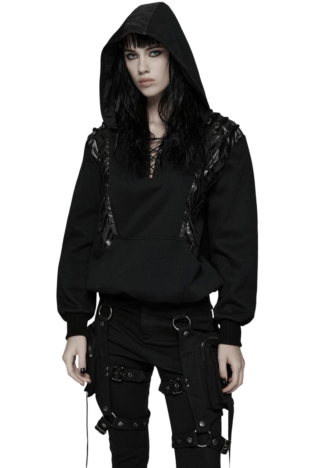 Punk Black Lace-Up Hoodie with Leather Shoulder Details