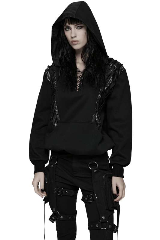 Punk Black Lace-Up Hoodie with Leather Shoulder Details