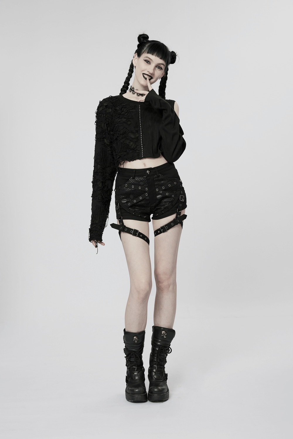 Punk Black Mesh Garter Shorts with Buckle Straps