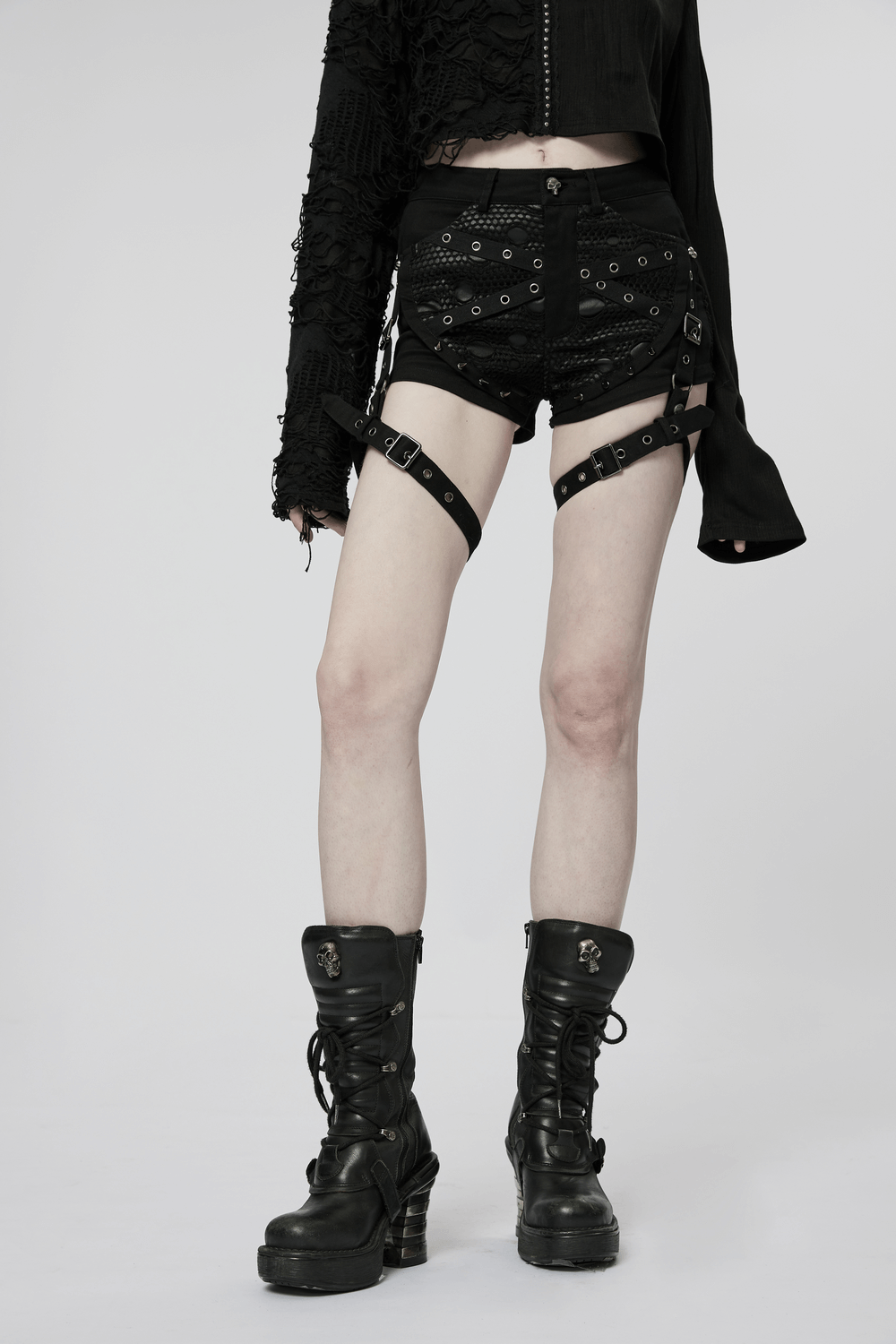 Punk Black Mesh Garter Shorts with Buckle Straps