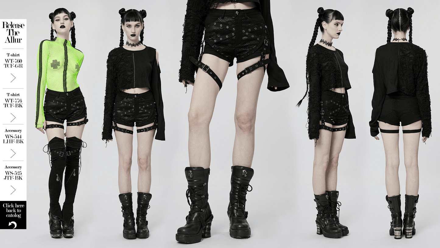 Punk Black Mesh Garter Shorts with Buckle Straps