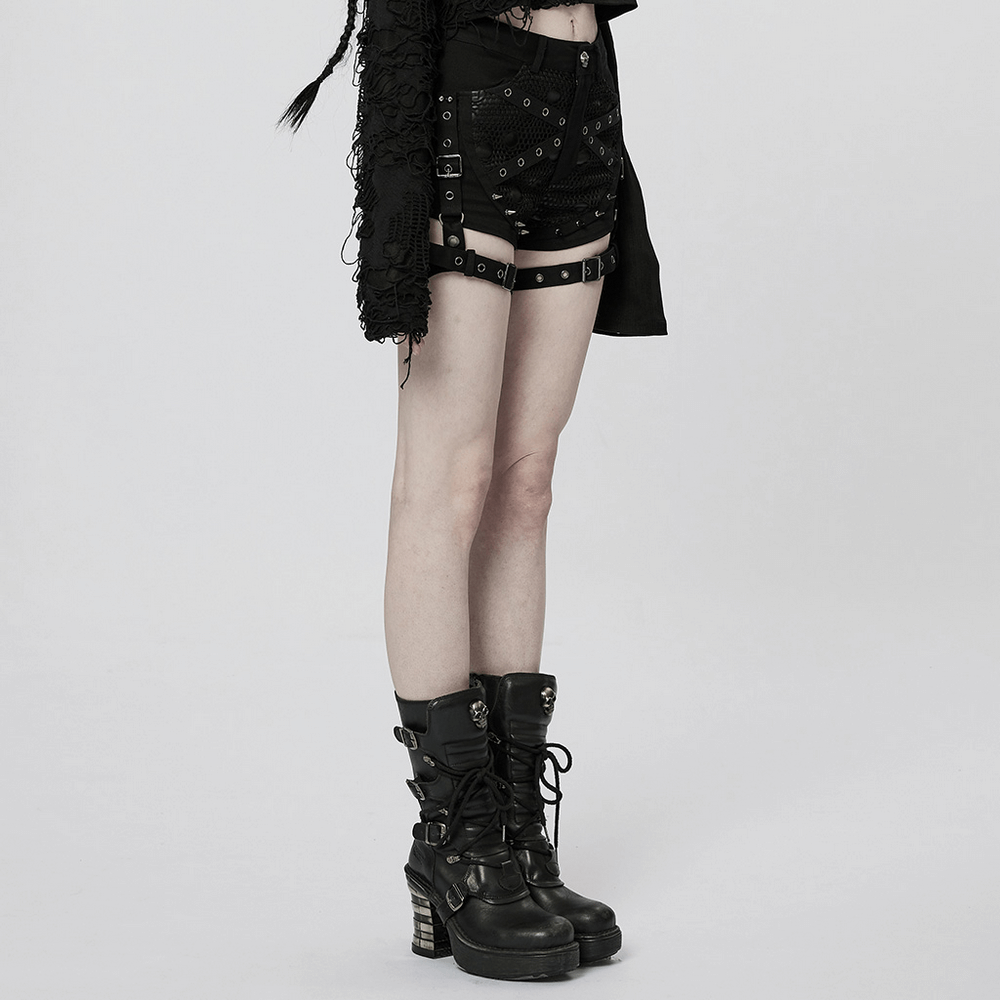 Punk Black Mesh Garter Shorts with Buckle Straps