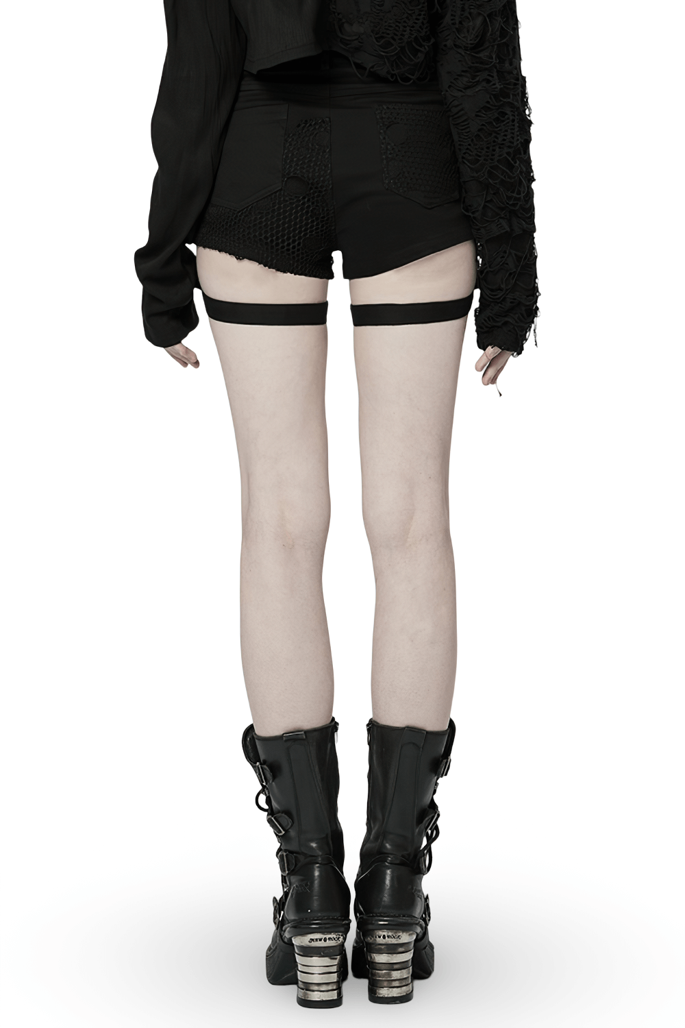 Punk Black Mesh Garter Shorts with Buckle Straps